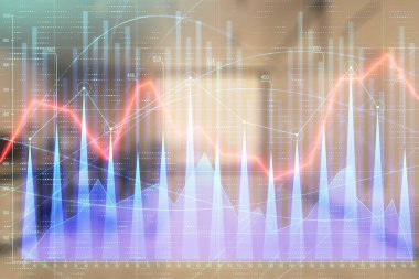 Ticaret masası banka ofisi iç arka planda stok piyasa şeması. Çift pozlama. Finansal analiz konsepti