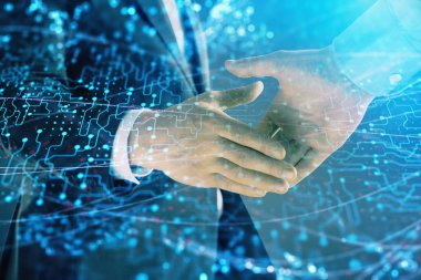 İki erkek el sıkışma ile soyut arka plan üzerinde teknoloji çizim çift pozlama. Modern iş dünyasında teknoloji kavramı