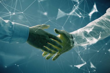 İki erkek el sıkışma ile soyut arka plan üzerinde teknoloji çizim çift pozlama. Modern iş dünyasında teknoloji kavramı