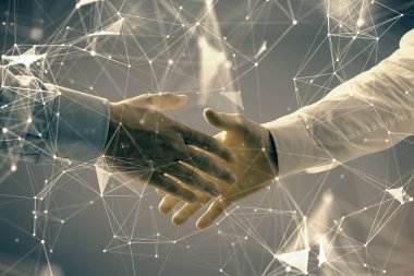 İki erkek el sıkışma ile soyut arka plan üzerinde teknoloji çizim çift pozlama. Modern iş dünyasında teknoloji kavramı