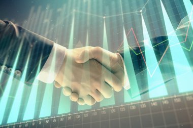 İki işadamı el sıkışması ile soyut arka planda Forex grafik Multi pozlama. Hisse senedi piyasasında başarı kavramı