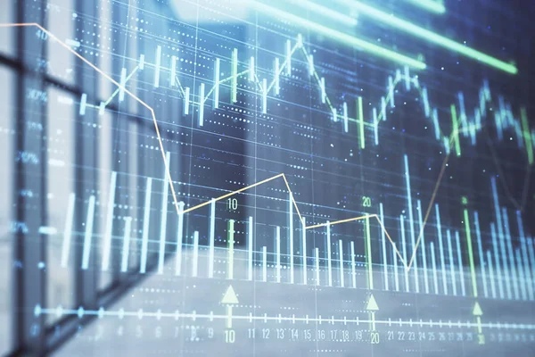 Dubbel exponering av finansiella diagram på tomt rum interiör bakgrund. Forex marknadsbegrepp. — Stockfoto