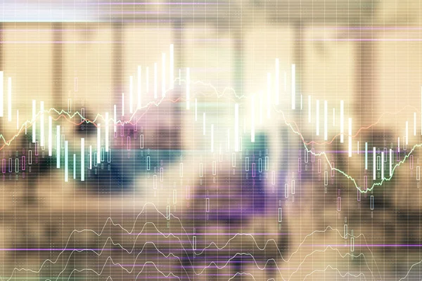 Stock och Bond Market Graph med Trading Desk bankkontor interiör på bakgrunden. Multiexponering. Begreppet finansiell analys — Stockfoto