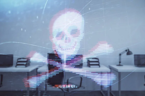 Arka planda ofis iç ile Hacking Tema hologram. Çift pozlama. Siber korsanlık kavramı — Stok fotoğraf