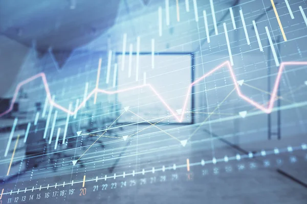 Börsdiagram med Trading Desk bankkontor interiör på bakgrunden. Dubbel exponering. Begreppet finansiell analys — Stockfoto