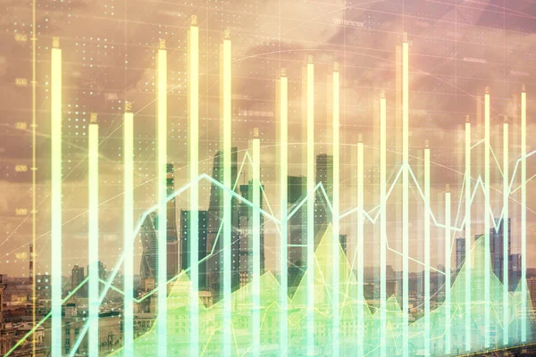 Double exposure of financial graph on downtown veiw background. Concept of stock market research and analysis