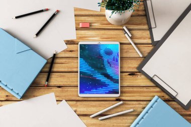 Ekrana çizim tema ile dijital tablet closeup. Veri güvenliği konsepti. 3d render.