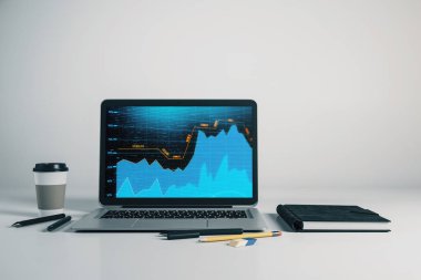 Bilgisayar ekranında Forex grafiği ile dizüstü çekim. Finansal ticaret ve eğitim konsepti. 3B işleme.