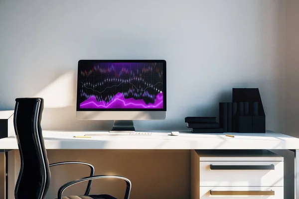 Kabinet bureaublad interieur met financiële grafieken en grafieken op het computerscherm. Concept van beurs analyse en handel. 3D-rendering. — Stockfoto