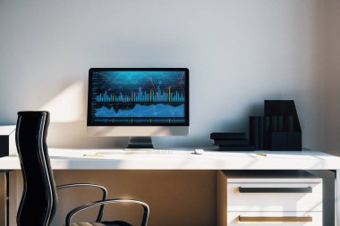 Bilgisayar ekranında finansal grafikler ve grafikler ile kabine masaüstü iç. Hisse senedi piyasası analizi ve ticaret kavramı. 3B işleme.