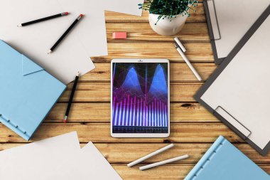 Dijital tablet ekranda mali grafik ile üst görünüm çekim. Online işlem uygulama konsepti. 3B işleme.