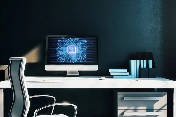 Интерьер рабочего стола с компьютером, столом и стулом. Рисунок мозга темы данных на экране. 3d-рендеринг . — стоковое фото