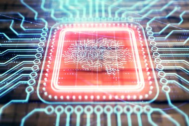 Soyut arka planlı beyin çizim hologramı. Çoklu pozlama. Veri teknolojisi kavramı.