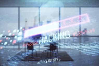 Minimalist kabine iç arka plan ile siber korsanlık hologram. Çift pozlama. Hacking kavramı.