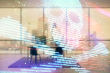 Minimalist kabine iç arka plan ile siber korsanlık hologram. Çift pozlama. Hacking kavramı.