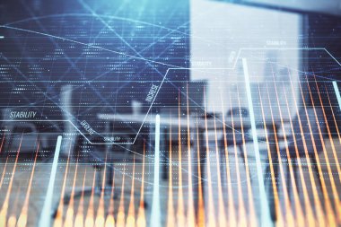 Minimalist kabine iç arka plan ile iş teması grafik hologram. Çift pozlama. Hisse senedi piyasası konsepti.