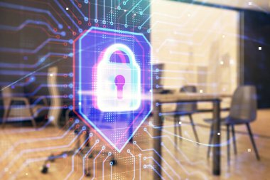 minimalist dolap iç arka plan ile kilit işareti hologram. Çifte pozlama. Veri güvenliği kavramı.