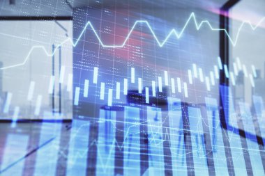 Minimalist kabine iç arka plan ile Forex grafik hologram. Çift pozlama. Hisse senedi piyasası konsepti.