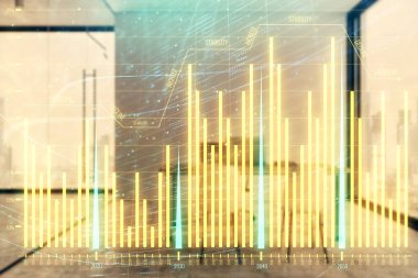 Minimalist kabine iç arka plan ile Forex grafik hologram. Çift pozlama. Hisse senedi piyasası konsepti.