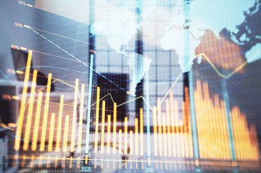 Harita ve minimalist kabine iç arka plan ile Forex grafik hologram. Çifte pozlama. Uluslararası iş kavramı.