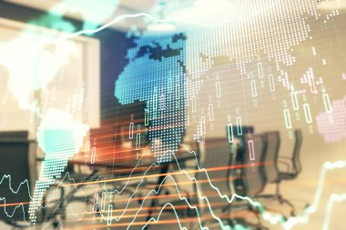 Konferans odası arka planda dünya hologram ile hisse senedi piyasası grafik çift pozlama. Uluslararası Finans konsepti