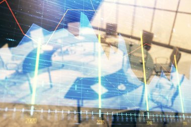 Konferans odası arka planda Forex çizelgesine çift pozlama. Hisse senedi piyasası analizi konsepti