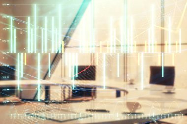 Konferans odası arka planda Forex çizelgesine çift pozlama. Hisse senedi piyasası analizi konsepti