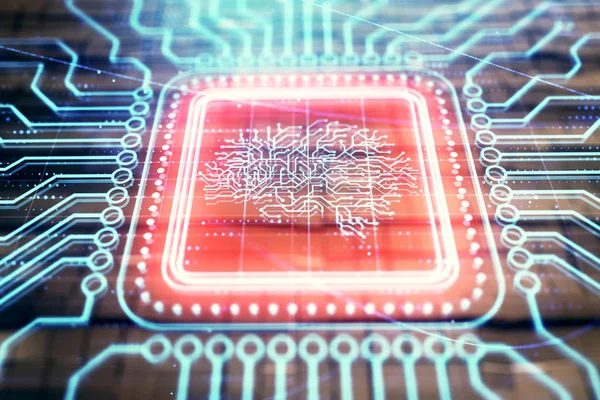 Soyut arka planlı beyin çizim hologramı. Çoklu pozlama. Veri teknolojisi kavramı.
