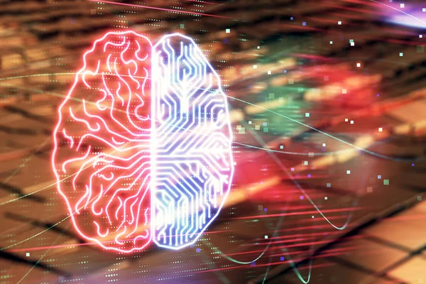 Holograma de dibujo cerebral con fondo abstracto. Exposición múltiple. Concepto de tecnología informática . — Foto de Stock