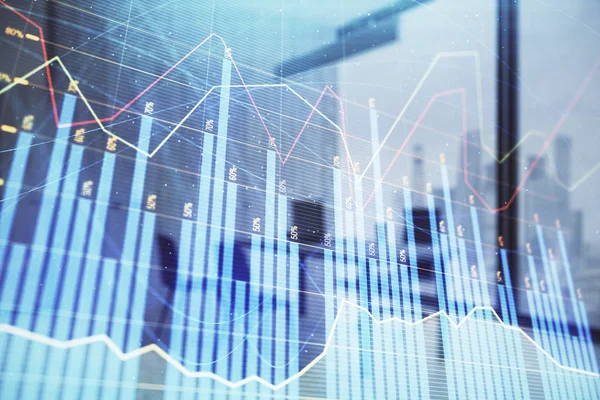 Minimalist kabine iç arka plan ile iş teması grafik hologram. Çift pozlama. Hisse senedi piyasası konsepti.