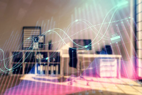 Minimalist kabine iç arka plan ile Forex grafik hologram. Çift pozlama. Hisse senedi piyasası konsepti.