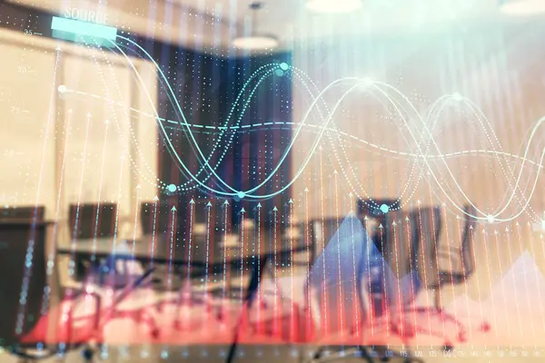 Konferans odası arka planda Forex çizelgesine çift pozlama. Hisse senedi piyasası analizi konsepti