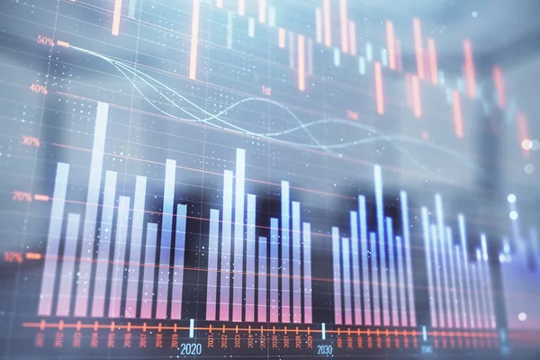 Gráfico de exposición múltiple del mercado de valores en el fondo de la sala de conferencias. Concepto de análisis financiero — Foto de Stock