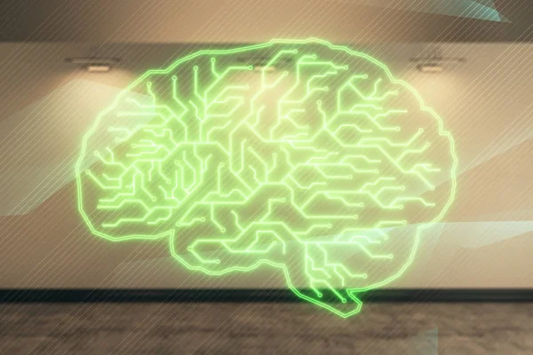 Double exposure of brain drawings hologram on empty room interior background. Data concept. — Stock Photo, Image