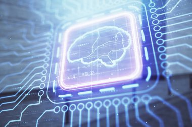 Boş dış arka planda beyin kroki hologramının çift pozlaması. büyük veri kavramı