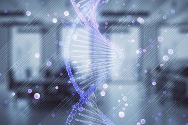 Arka planda ofis iç ile DNA çizim. Çifte pozlama. Eğitim kavramı