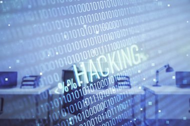 Arka planda ofis iç ile Hacking Tema hologram. Çift pozlama. Siber korsanlık kavramı