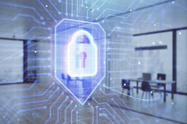 Arka planda ofis iç ile çizim kilit simgesi. Çift pozlama. Veri güvenliği kavramı