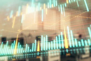 Ticaret masası banka ofisi iç arka planda stok piyasa şeması. Çift pozlama. Finansal analiz konsepti