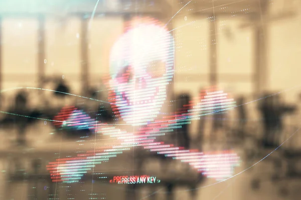 Hacking theme hologram with office interior on background. Double exposure. Concept of cyber piracy