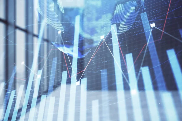 Boş oda iç arka plan üzerinde dünya haritası ile mali grafik çift pozlama. Uluslararası pazar konsepti.