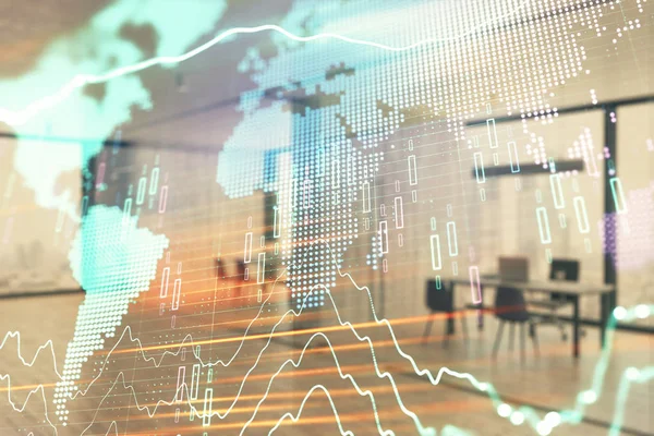 Stok ve tahvil piyasa grafik ve arka planda ticaret masası banka Ofisi İç ile dünya haritası. Çok pozlama. Uluslararası Finans konsepti