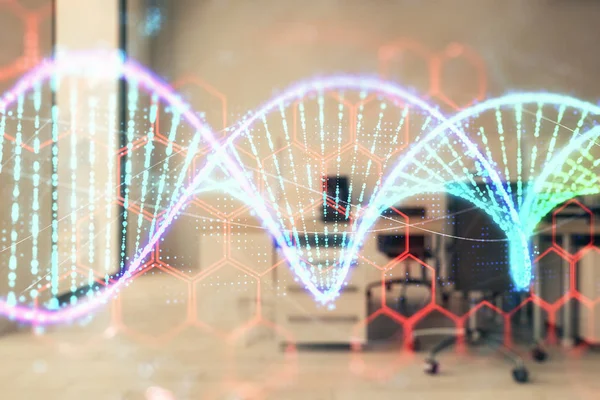 Arka planda ofis iç ile DNA çizim. Çifte pozlama. Eğitim kavramı