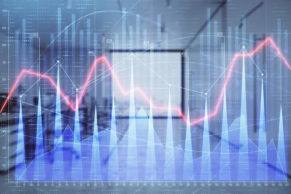 Ticaret masası banka ofisi iç arka planda stok piyasa şeması. Çift pozlama. Finansal analiz konsepti