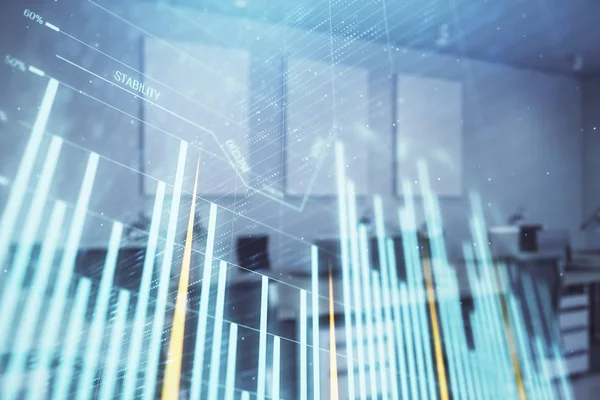 Stock market chart with trading desk bank office interior on background. Double exposure. Concept of financial analysis