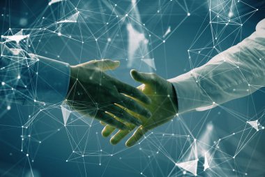 İki erkek el sıkışma ile soyut arka plan üzerinde teknoloji çizim çift pozlama. Modern iş dünyasında teknoloji kavramı