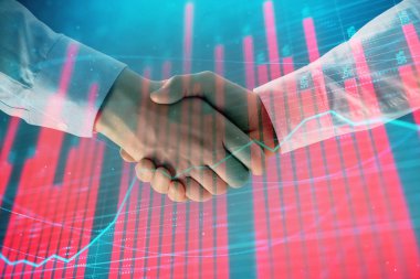 İki işadamı el sıkışması ile soyut arka planda Forex grafik Multi pozlama. Hisse senedi piyasasında başarı kavramı