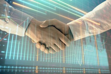 İki işadamı el sıkışması ile soyut arka planda Forex grafik Multi pozlama. Hisse senedi piyasasında başarı kavramı