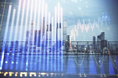 Çatı arka planda şehir görünümü ile Forex grafik hologram. Çift pozlama. Hisse senedi piyasası konsepti.