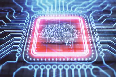 Soyut arka planlı beyin çizim hologramı. Çoklu pozlama. Veri teknolojisi kavramı.